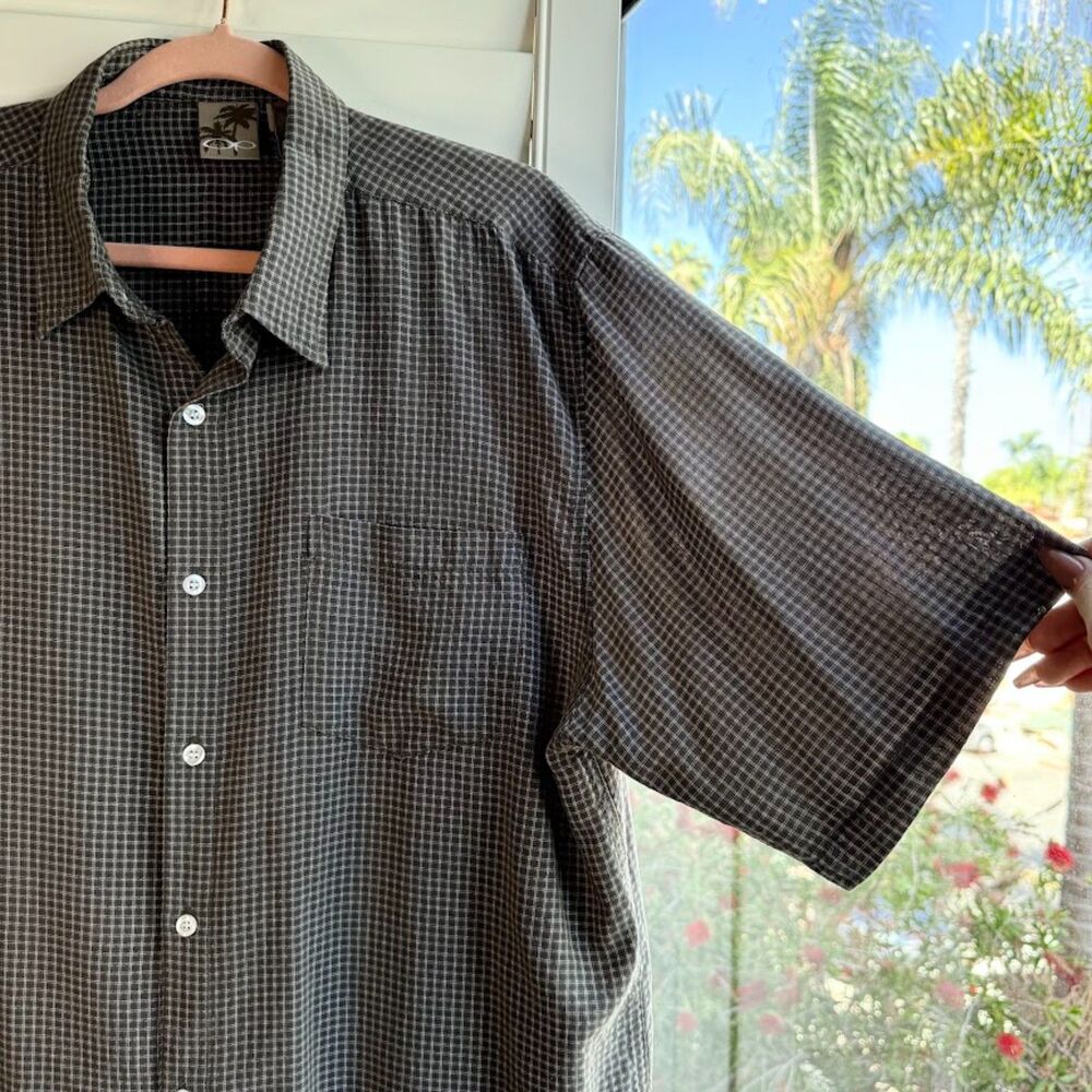 Vintage Op Short Sleeve Shirt in Grey Green Micro Check Plaid size XL